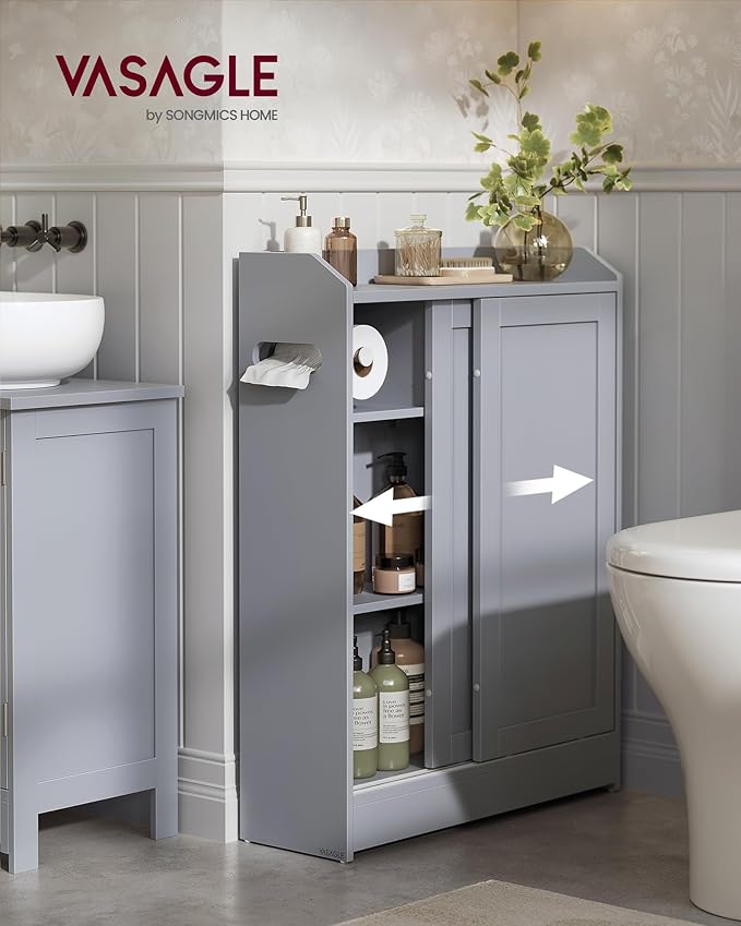 VASAGLE Narrow Storage Cabinet, Slim Floor Cabinet with Sliding Doors, Toilet Paper Holder and Brush Compartment, for Bathroom and Living Room, 7.9 x 23.6 x 31.5 Inches, Dove Gray UBBC752G02