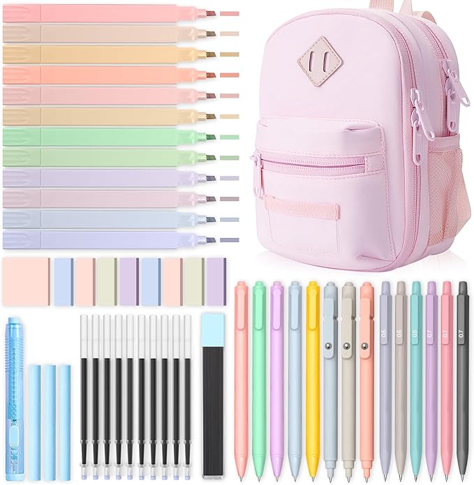 51 PCS Aesthetic School Supplies with Cute Pencil Case, 12 Pastel Highlighters, 8 Quick Dry Retractable Black Ink Pens, 6 Pastel Mechanical Pencil Student Stationary Bible Study Supplies (Pink)