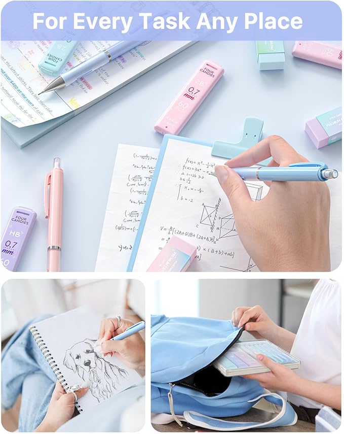 Four Candies Mechanical Pencil Set - 0.7mm (Medium Point), 6PCS Cute Pencils Mechanical with 360PCS (HB & 2B) Lead Refills & 12PCS Erasers & 1PCS Storage Case, Pastel Aesthetic Lead Pencils for School