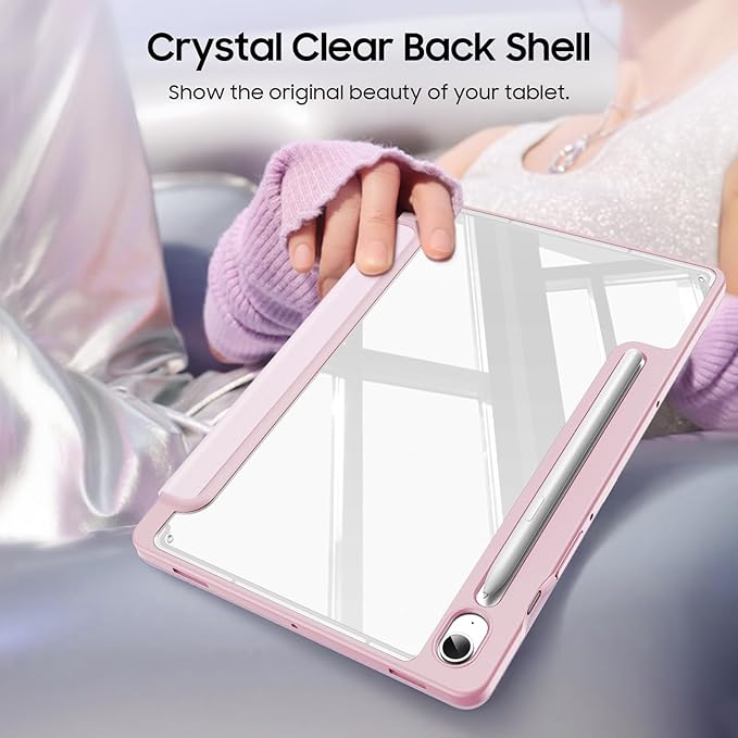 Fintie Hybrid Slim Case for Samsung Galaxy Tab S10 Lite/ S10 FE/ S9 FE 10.9 Inch/Tab S9 11 Inch with S Pen Holder, Shockproof Cover with Clear Transparent Back Shell, Auto Wake/Sleep, Pink