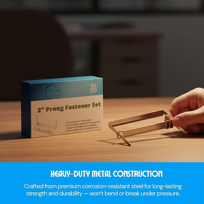 OLYMPX Prong Paper Fasteners 2 Inch Capacity, 50 Complete Sets - Premium Metal, 2.75" Base with Compressor for Standard 2-Hole Punch, File Folders, 50/Box