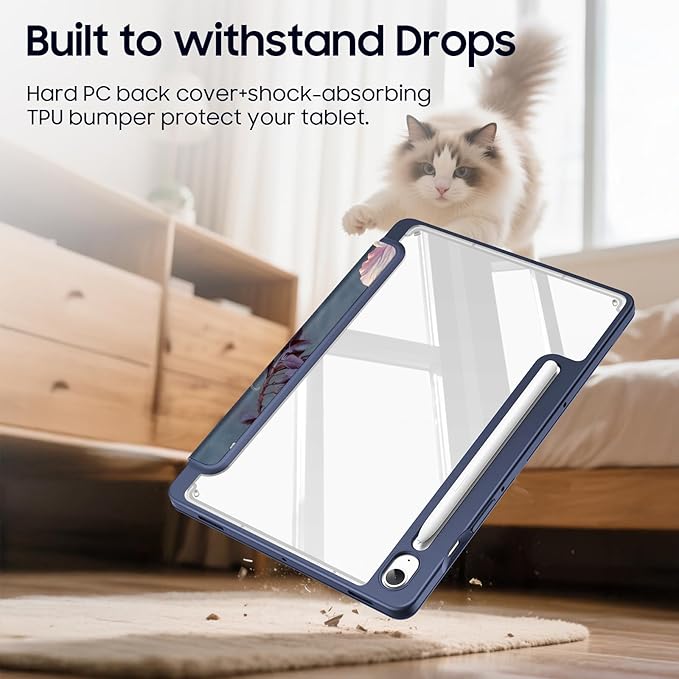 Fintie Hybrid Slim Case for Samsung Galaxy Tab S10 Lite/ S10 FE/ S9 FE 10.9 Inch/Tab S9 11 Inch with S Pen Holder, Shockproof Cover with Clear Transparent Back Shell, Auto Wake/Sleep,Blooming Hibiscus