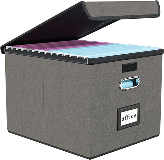 Huolewa File Organizer Box with Lid, Collapsible File Folder Organizer for Office Document Storage, Filing Box with Plastic Slide for Letter Size Hanging File Folders(1 Pack, Smoky Grey)