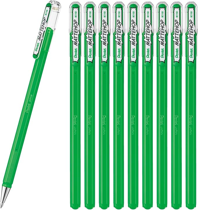 Pentel Color Ballpoint Pen, Matte Hop, Green, 10 Count K110-VD