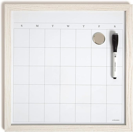 U Brands Rustic Monthly Dry Erase Board with White Wooden Frame, Office Supplies, 14” x 14”