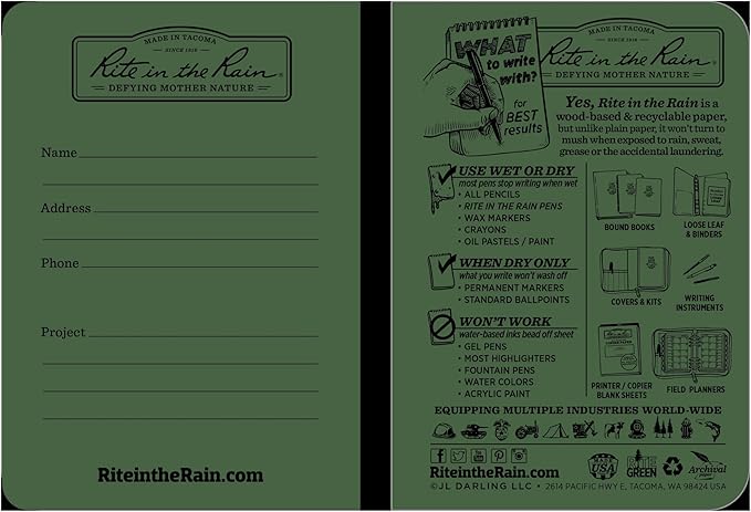 Rite in the Rain Weatherproof Mini Stapled Notebook, 3.25" x 4.625", Green Cover, Universal Pattern, 3 Pack (No. 971FX-M)