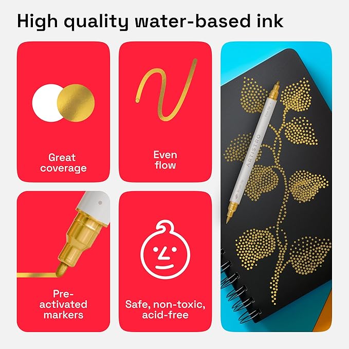 ARTISTRO 5 Gold Acrylic Paint Markers - Paint Pens for Calligraphy, Brush + Fine Tips - For Fabric, Rock, Glass, Wood, DIY, Craft, Canvas - Art and Craft Supplies for Adults, Teens, Kids