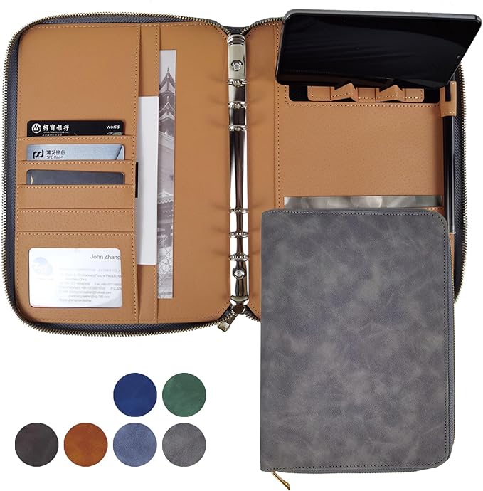 A5 Binder Case PU Leather Portfolio Budget Binder Refillable Notebook Planner Cover with Zipper 6 Rings Money Document Organizer for Business Interview (Grey)