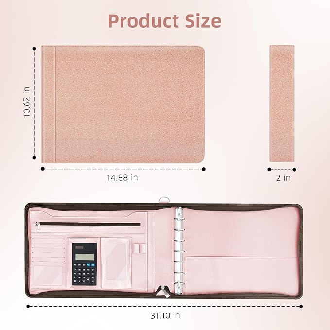 Ospelelf Rose Gold Zippered 7 Ring Check Binder for Business Checks (9" x 13"), 1 Inch Faux Leather Checkbook Portfolio with Zipper Pouch, Professional Binder Organizer for Accountants, Home Use
