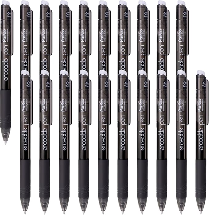 ParKoo Retractable Erasable Gel Pens, 20 Black Twist Pens, Fine Point 0.7 mm, Make Mistakes Disappear, Smooth Writing with Comfortable Grip for Journaling Drawing, Note-Taking