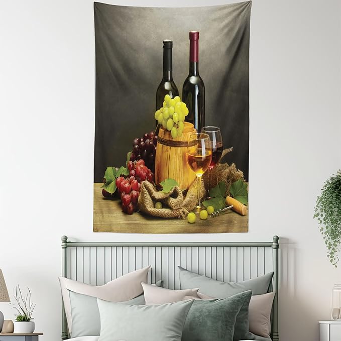 Ambesonne Winery Tapestry, Cask Bottles and Glasses of Wine and Ripe Grapes on Wooden Table Picture Print, Fabric Wall Hanging Decor for Bedroom Living Room Dorm, 23" X 28", Grey Taupe