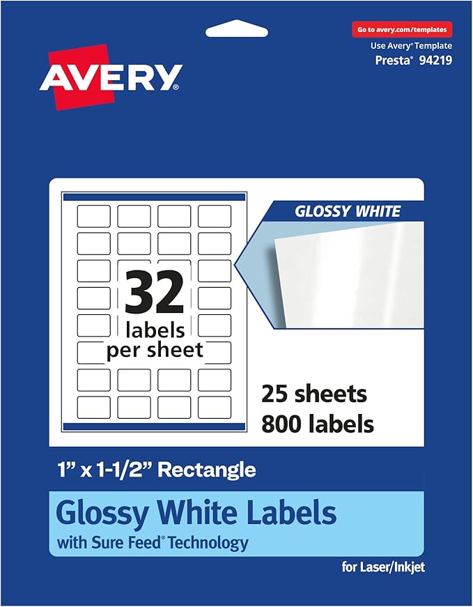 Avery Glossy White Rectangle Labels, Sure Feed Technology, 1" x 1.5", 800 Glossy White Labels, Print-to-The-Edge, Permanent Adhesive, Laser/Inkjet Printable