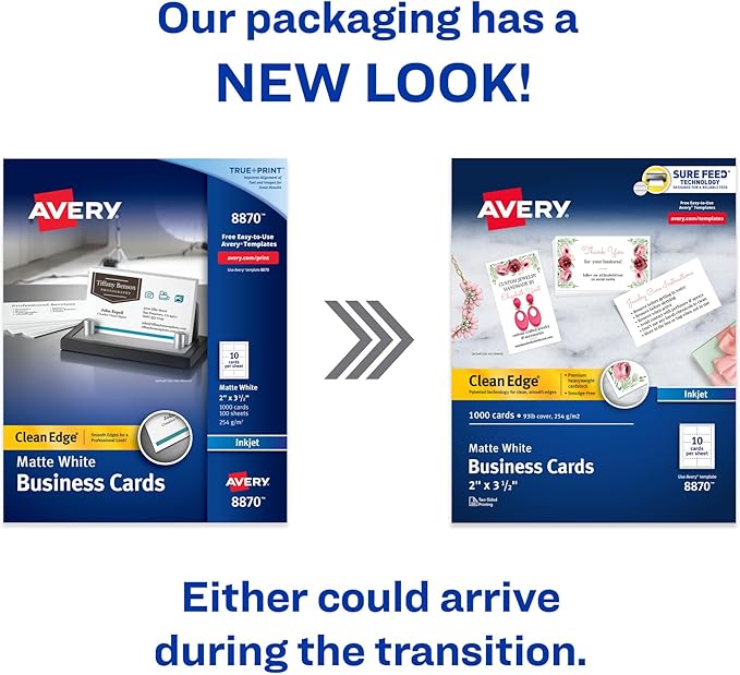 Avery Clean Edge Printable Business Cards with Sure Feed Technology, 2" x 3.5", White, 1,000 Blank Cards for Inkjet Printers (08870)