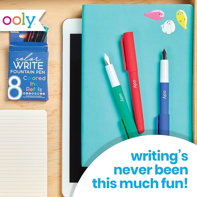 Ooly Color Write Colorful Fountain Pens, Pack of 8 Colored Ink Fountain Pens, Use Refillable Ink Cartridges, Fine Tip for Calligraphy Drawing, Handlettering, School Supplies