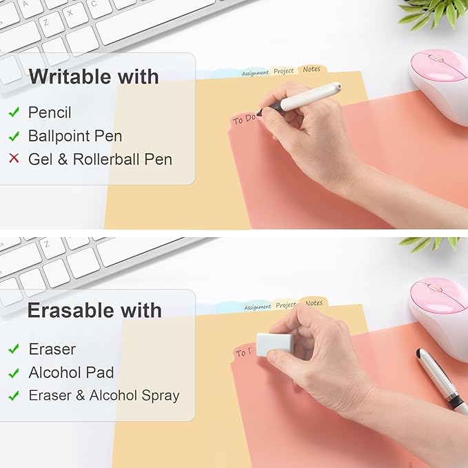 8 Count/1 Set Write & Erase Binder Dividers with Tabs, Plastic 8 Tab Dividers for 3 Ring Binder Letter Size, Separators for Student School Home Office Document Organizer, Pastel