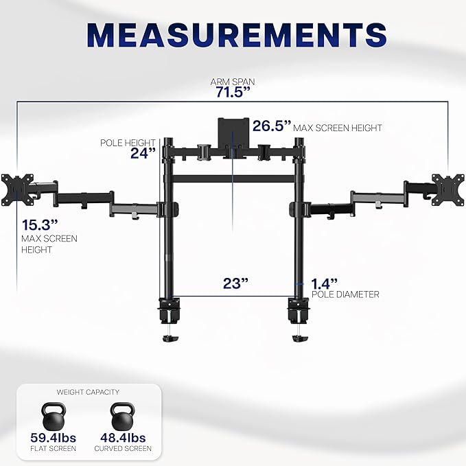 VIVO Clamp-on Dual Pole Triple Monitor Desk Mount for 1 Center Utrawide up to 49 inches and 59.4 lbs, 2 Side Screens up to 38 inches and 17.6 lbs, Low Profile Adjustable Stand, Black, STAND-V300CU