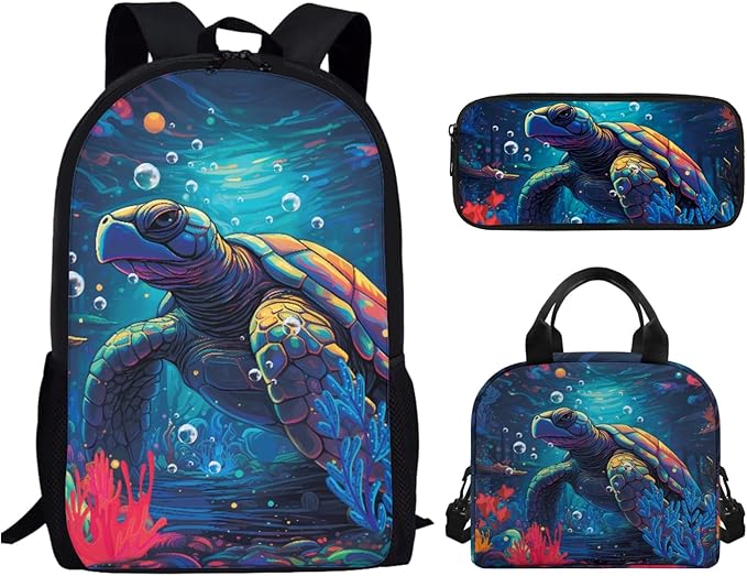 3 Pack Kids Backpack Sets for Girls Boys, Kids School Bookbag with Reusable Insulated Lunch Bag Pencil Case, Cartoon Sea Turtle-blue, One Size