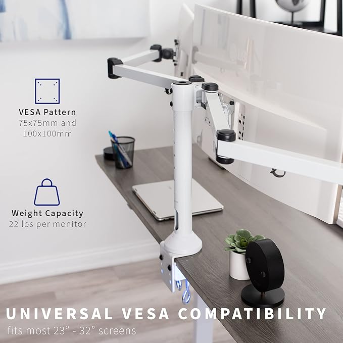 VIVO Triple Monitor 23 to 32 inch LED LCD Clamp-on Desk Mount, Heavy Duty Articulating VESA Computer Stand, Holds 3 Screens, Fully Adjustable for Home Office Workstation, White, STAND-V103W