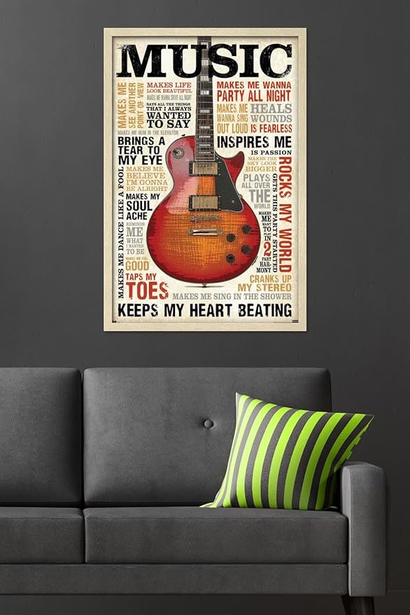 Music Inspires Me Wall Poster, 34L" x 22.4W", Blonde Framed Version