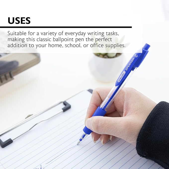 BAZIC PRODUCTS Ballpoint Pen Spencer Blue Retractable Pen Soft Barrel Grip Pens, 1.0 mm Bold Point Smooth Writing, for Office School Teacher (5/Pack), 1-Pack