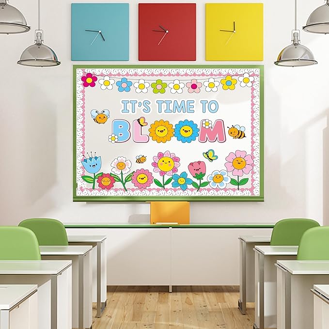 Spring Floral Bulletin Board Decorations Set with Borders Motivational Bloom Flowers Classroom Decor for Teachers Cute Wildflowers Positivity Cutouts for Class School Classroom Bulletin Board Decorati