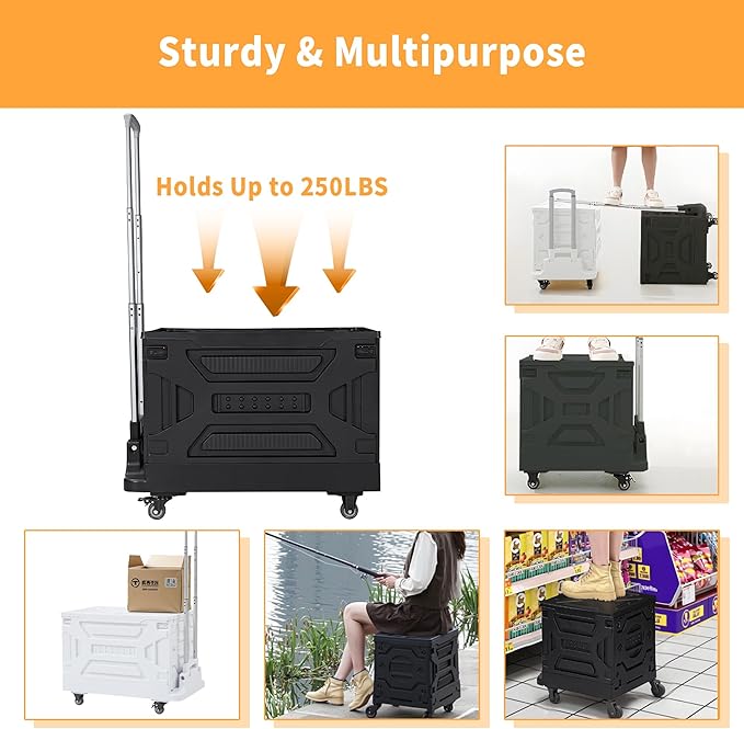 VECELO Foldable Shopping Cart with Wheels, Collapsible Rolling Crate for Groceries, Folding Storage Box with Handle, Three Modes of Use, Ideal for Teacher, Trip, Outdoors, Etc., 16GAL, Black