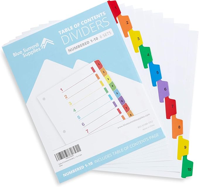 Blue Summit Supplies 10 Tab Binder Dividers for 3 Ring Binder or Notebook, Subject Dividers with Multicolor Numbered Tabs, Includes Customizable Table of Contents Index, 6 Sets