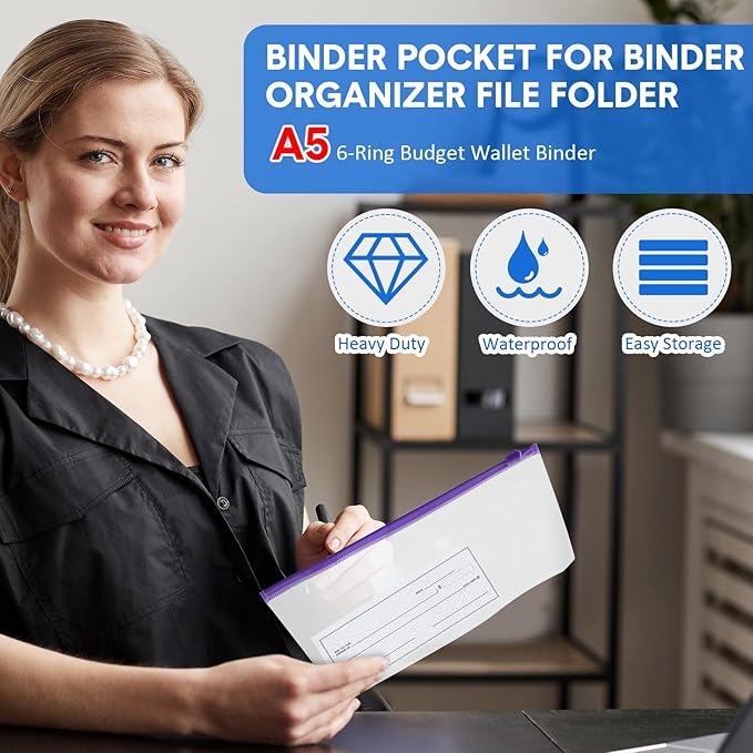 40 Pieces Binder Pockets 6 Hole Zipper Pouch 6 Ring A5 Pockets with Zipper Binder Folders Plastic Pouches Loose Leaf Bags Waterproof PVC Document Filing Bag