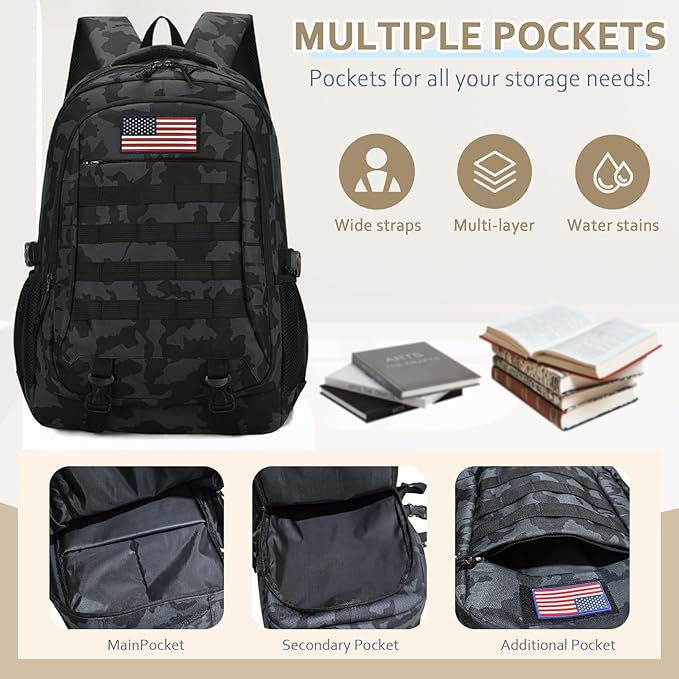 35L 19'' Camo Backpack for Boys - Waterproof Tactical Bookbag for 15.6" Laptop Sleeve & MOLLE System for School Camping Travel