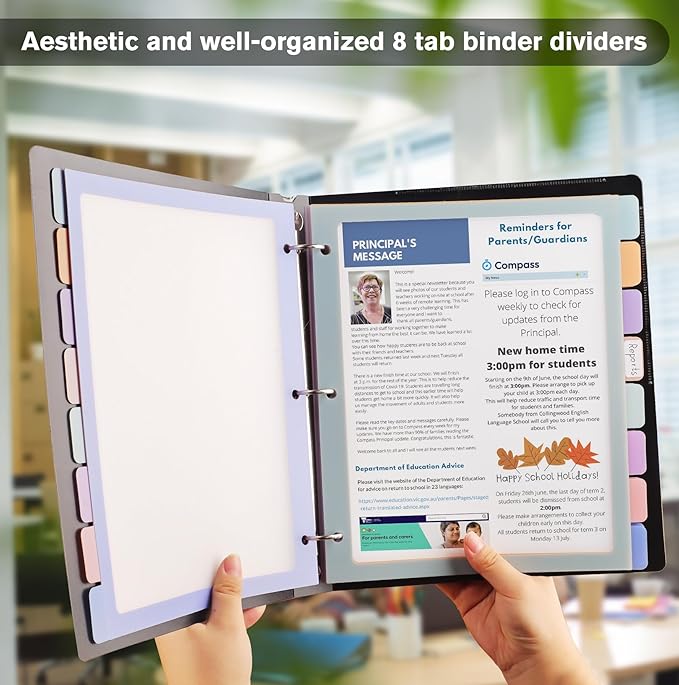 HABGP 2 Set 8 Tab Binder Dividers for 3 Ring, Plastic Binder Dividers with Tabs Letter Size Multicolor, Pastel Colors 3 Hole Punch Clear Page Folder Dividers File Organizer
