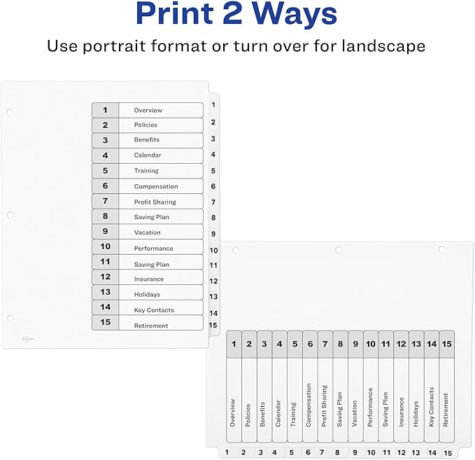 Avery Dividers for 3 Ring Binders, 15 Tabs per Set, Customizable Table of Contents, Classic White Tabs, Great for Organizing Reports, Projects, and More (11142)