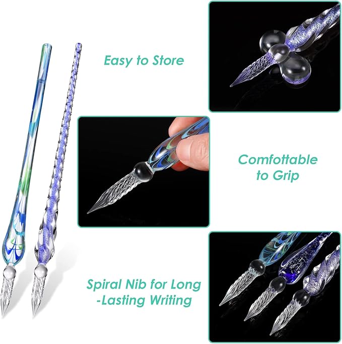 Outus 9 Pieces Glass Dip Pen Handmade Glass Signature High Borosilicate Crystal Vintage Dip Pen with 9 Pieces Penholder for Writing Drawing Calligraphy(Fashion Style,Mixed Color)