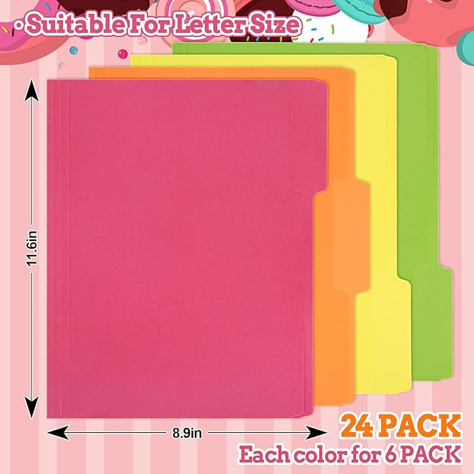 Whaline 24 Pack Neon Colored File Folders Letter Size Pink Orange Yellow Green File Pockets with 1/3 Cut Tab for Home Office Classroom Supplies, 8.9 x 11.6 Inch, 4 Colors
