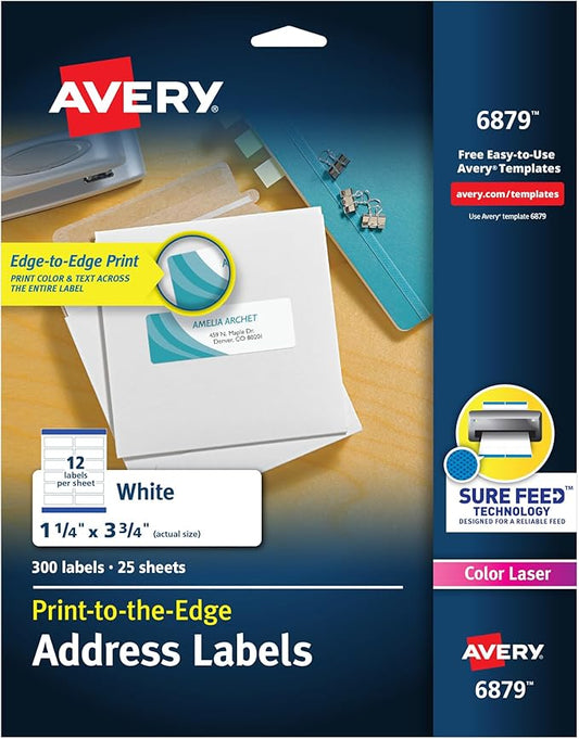 Avery Print-to-The-Edge Printable Address Labels, 1.25" x 3.75", Matte White, Sure Feed Technology, Laser & Inkjet Compatible, 300 Blank Labels, Great for Mailing, Branding, and More (6879)