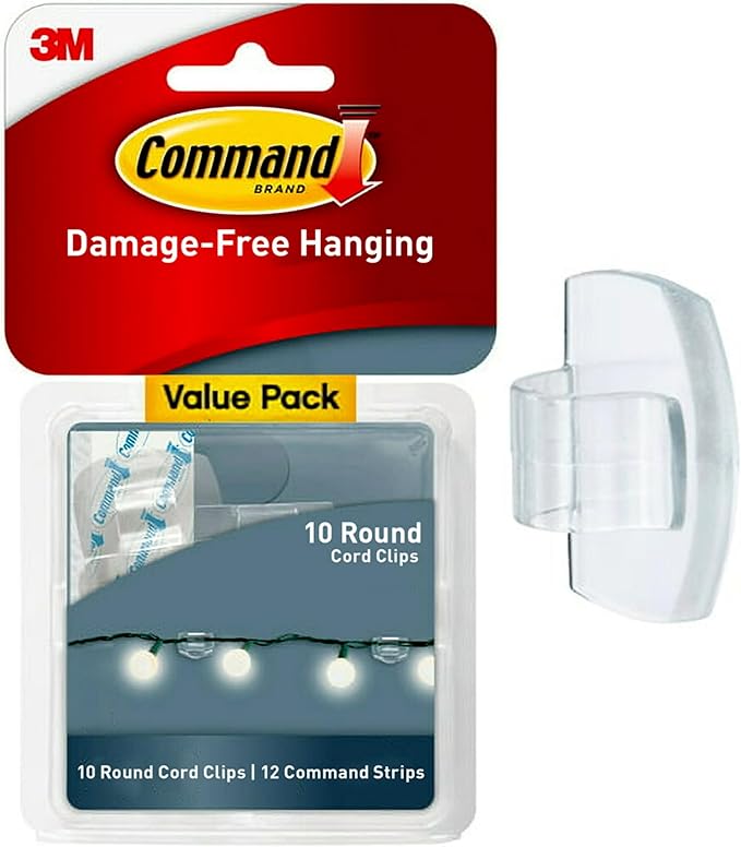 Command Round Cord Clips, 4-Pack of 10 Cord Clips and 12 Strips, Damage Free Hanging Cable Clips, No Tools Wall Clips for Hanging Electrical Cables