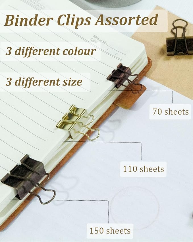 Assorted Binder Clips 0.75/1/1.25in 25-Pack - Bronze Tone Clips for Office & Home