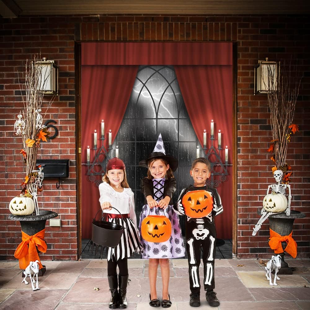 Renaiss 8x10ft Vintage Gothic Window Backdrop Red Curtain Candlestick Black Floor Lightning Stormy Sky Vampire Medieval Castle Photography Background Halloween Dress Up Party Decors Photo Booth Props