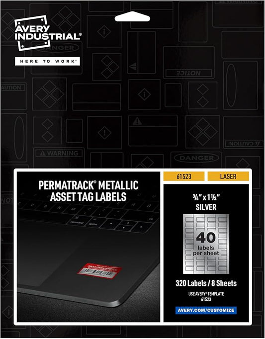 Avery Metallic Asset Tag Labels, 3/4 x 1-1/2", Laser Printable Tags, 320 Waterproof Labels (61523)