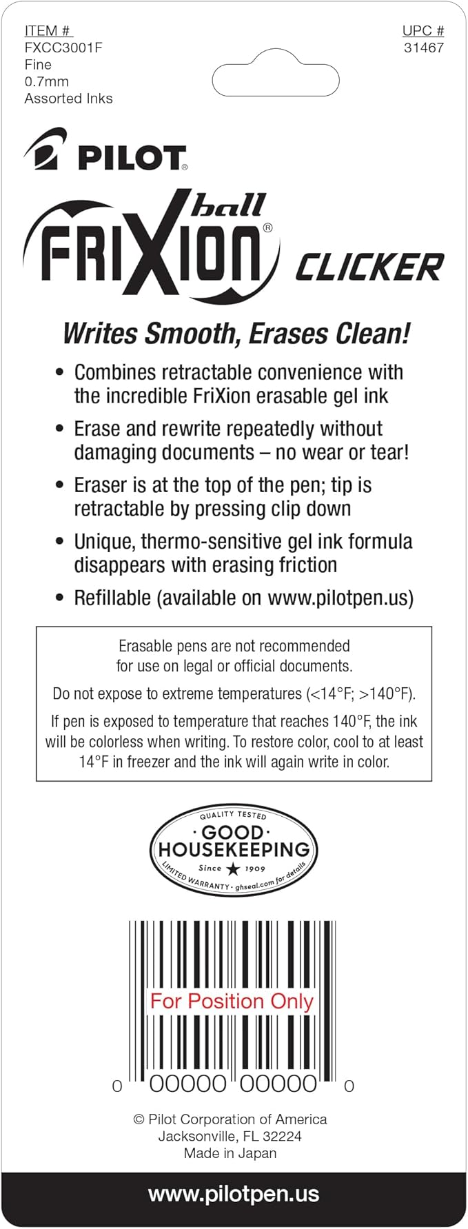 PILOT FriXion Clicker Erasable, Refillable & Retractable Gel Ink Pens, Fine Point, Black/Blue/Red Inks, 3-Pack (31467)