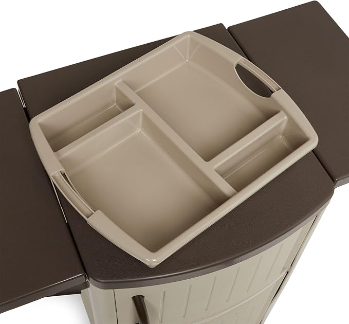 Suncast Serving Station Patio Cabinet, Portable Grill Prep Table, Light Taupe & Mocha - Includes Side Shelves, Storage Cabinets, Server Tray and Wheels for Outdoor BBQ Grilling and Backyard Dining