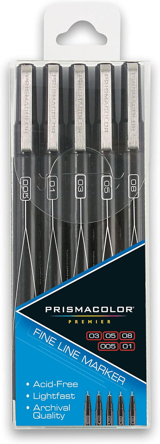Prismacolor 14171 Premier Fine Line Illustration Markers, Assorted Fine Tips, Black, 5-Count