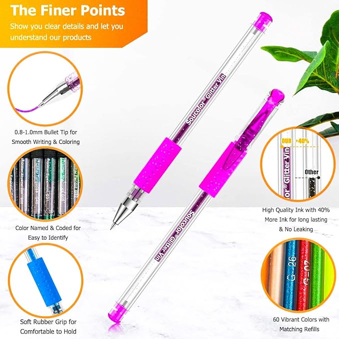 Soucolor Glitter Gel Pens for Adult Coloring Books, School Art Class Supplies,120 Pack-60 Glitter Pens, 60 Refills and Travel Case, 40% More Ink Markers Set for Drawing Doodle Journaling Planner Craft