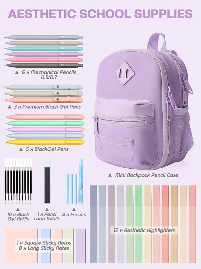 51 PCS Aesthetic School Supplies with Cute Pencil Case, 12 Pastel Highlighters, 8 Quick Dry Retractable Black Ink Pens, 6 Pastel Mechanical Pencil Student Stationary Bible Study Supplies(Purple)
