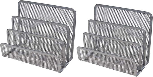 VANRA 2 Small Letter Sorters Desktop File Holder Organizer Metal Mesh with 3 Vertical Upright Compartments (2 Silver)