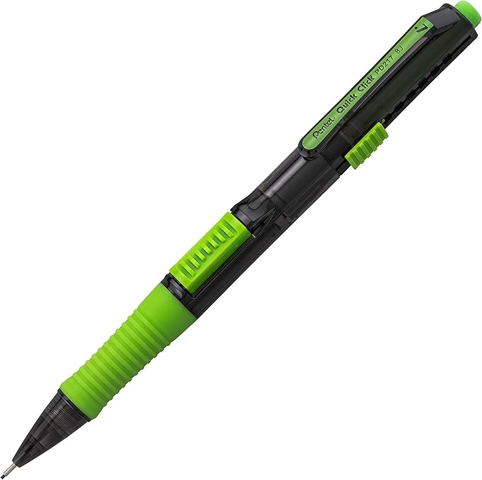 Pentel Quick Click Pop Mechanical Pencil, (0.7mm) Medium 2B Lead, Black Barrel W/Green Trim, Box of 12 (PD217AK)