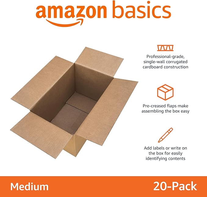 Amazon Basics Cardboard Moving Boxes for Packing and Shipping, Medium Size, 18" x 14" x 12", Brown, 20-Pack