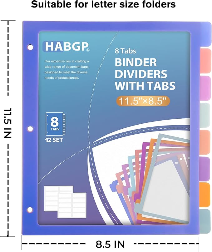 Binder Dividers with Tabs,8 Tab Dividers for 3 Ring Binder, Multi-Colored Page Binder Dividers Letter Size Plastic File Folder Pastel Color for Notebook School, 3 Hole Punch, 12 Set 96 Pcs