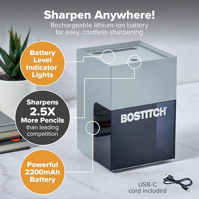 Bostitch Konnect Rechargeable Pencil Sharpener (USB-C), Auto-Stop Helical Cutter, Portable Electric Sharpener for No.2/Colored Pencils, Home, Office, Classroom, Gray