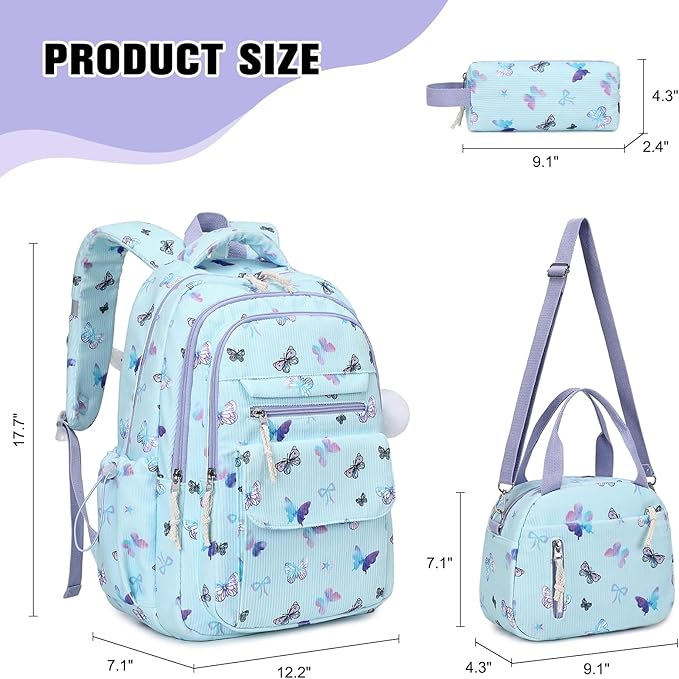 Bevalsa Backpack for Gilrs, 3PCS Corduroy Kids Backpack Set with Lunch Box & Pencil Pouch, Bookbag Daypack Laptop Bag for Women Teens Elementary Middle High School