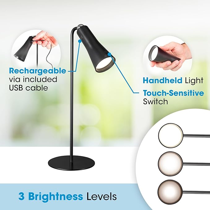 OttLite 3-in-1 Rechargeable Task Lamp - ClearSun LED Technology - Dimmable Touch Control for Work, Study & Reading